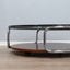 Large 1970s Italian round coffee table chrome teak smoked glass. Table basse ronde chrome teck verre fumé. Runder Couchtisch Chrom Teak.