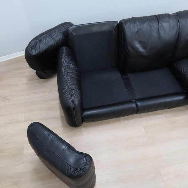 1970s Piumotto 3-seater sofa by Arrigo Arrigoni for Busnelli. Divano vintage pelle nera. Canapé italien en cuir noir. 1970er Leder Couch.