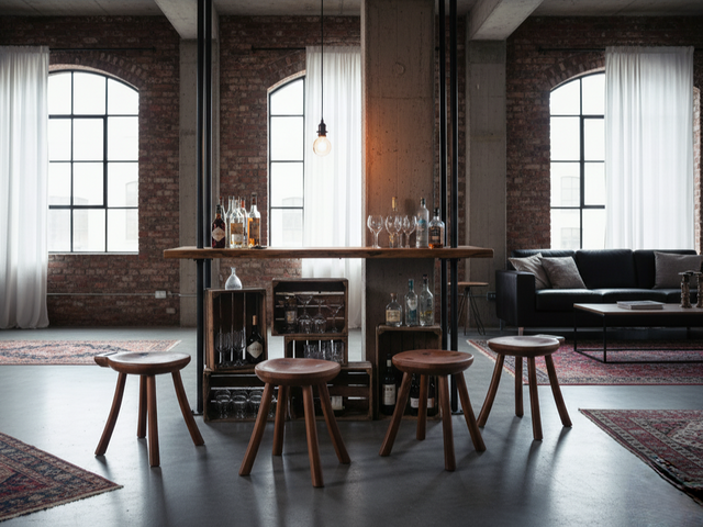 Authentic set of 4 Italian brutalist solid wood stools 1970s