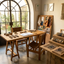 Trestle solid beech writing desk with leather chairs , Italy 1970