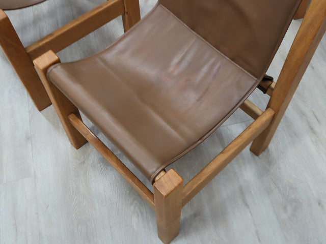 1970s Italian Brutalist Beech Desk & Leather Chairs Brutalist Schreibtisch Escritorio bureau vintage madera Castiglioni