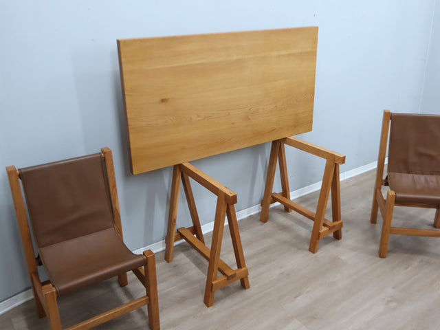 1970s Italian Brutalist Beech Desk & Leather Chairs Brutalist Schreibtisch Escritorio bureau vintage madera Castiglioni