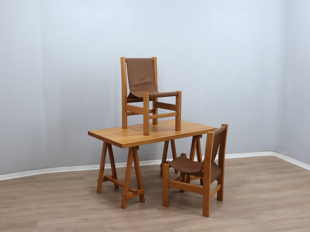 1970s Italian Brutalist Beech Desk & Leather Chairs Brutalist Schreibtisch Escritorio bureau vintage madera Castiglioni