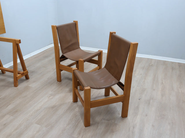 1970s Italian Brutalist Beech Desk & Leather Chairs Brutalist Schreibtisch Escritorio bureau vintage madera Castiglioni