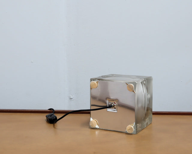 Cubosfera lamp by Alessandro Mendini for Fidenza Vetraria. Lampada vetro anni 60, 60er Glaskugel Lampe, lampe cube vintage, lámpara de mesa retro.