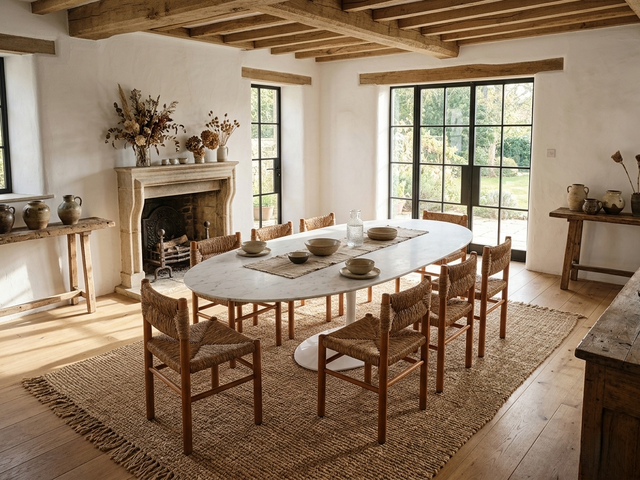 Set of 8 French late 1960s Perriand-style chairs: authentic rustic chic in wood & straw. Autentiche sedie rustiche chics, Modernist Stühle, sillas años 60.