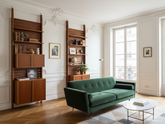 1950s Italian mid-century teak floor-to-ceiling wall unit
