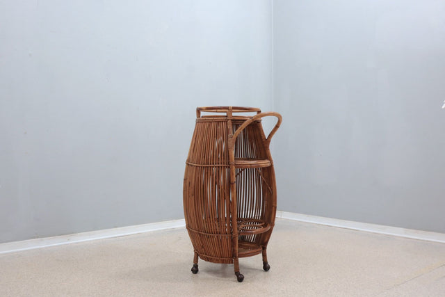 Vintage rattan bar trolley cart set 1950s