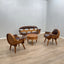 1970s Italian rustic bentwood and aged leather living room set with sofa, barrel armchairs, coffee table. Salotto vintage legno e pelle.