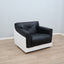 1965 Joe Colombo for Comfort "Golf Club 1002" black leather and white lacquered wood lounge armchair. Fauteuil en cuir noir et bois laqué blanc vintage