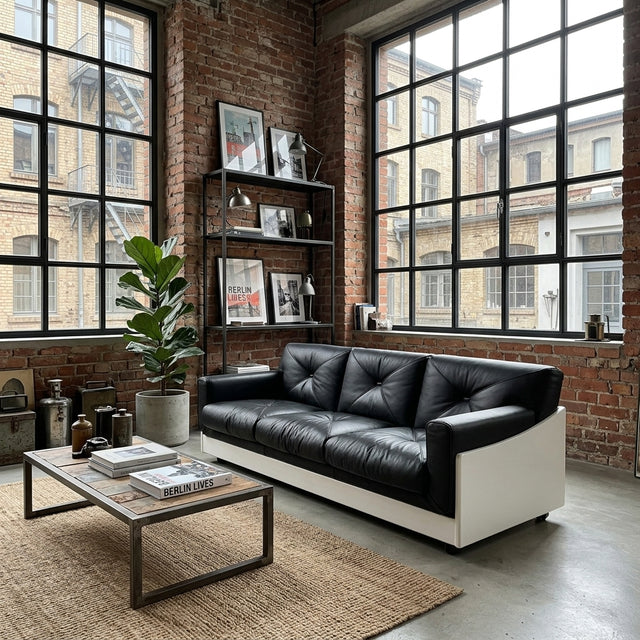 1965 Joe Colombo for Comfort "Golf Club 1002" black leather and white lacquered wood 3-seater sofa. Canapé 3 places "Golf Club 1002" en cuir noir et bois laqué blanc