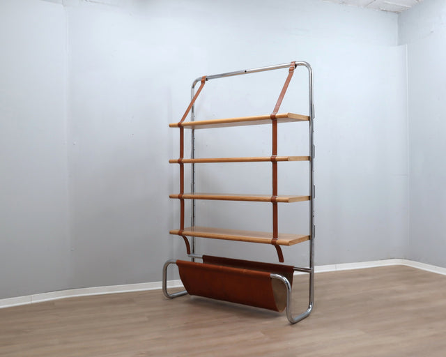 Jumbo bookcase by Luigi Massoni for Poltrona Frau. Libreria vintage cuoio anni 70, 70er Regal, étagère rétro chrome, estantería mid-century.