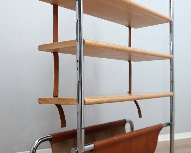 Jumbo bookcase by Luigi Massoni for Poltrona Frau. Libreria vintage cuoio anni 70, 70er Regal, étagère rétro chrome, estantería mid-century.