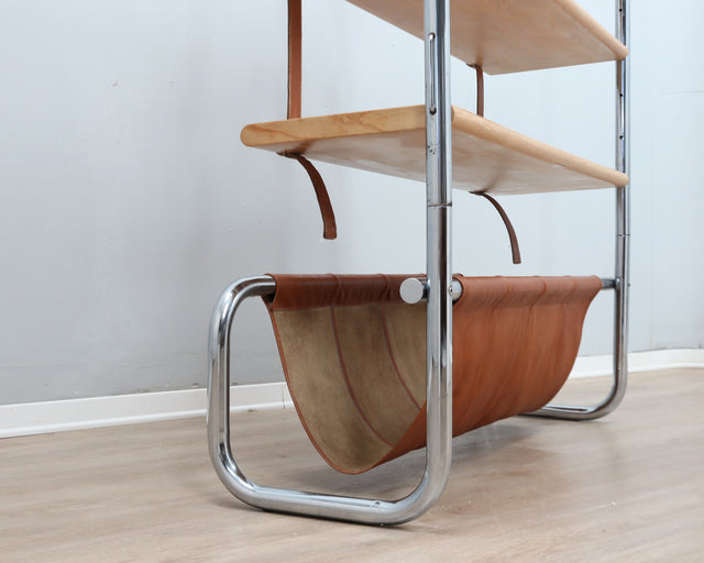 Jumbo bookcase by Luigi Massoni for Poltrona Frau. Libreria vintage cuoio anni 70, 70er Regal, étagère rétro chrome, estantería mid-century.