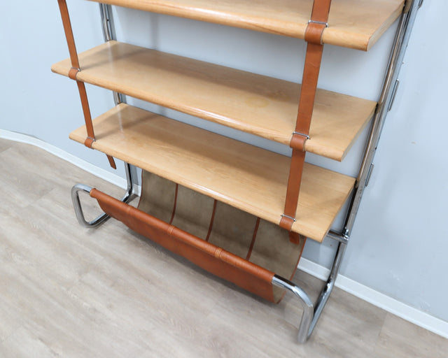 Jumbo bookcase by Luigi Massoni for Poltrona Frau. Libreria vintage cuoio anni 70, 70er Regal, étagère rétro chrome, estantería mid-century.