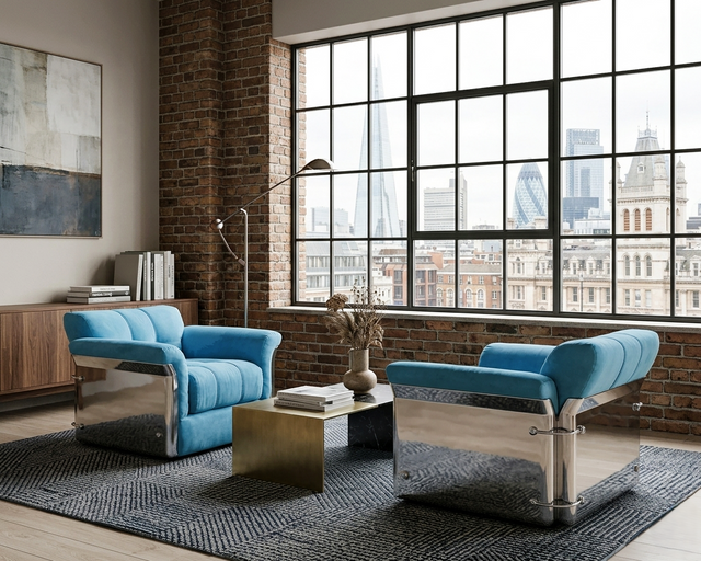 Larissa armchairs by Vittorio Introini for Saporiti in chrome & sky blue. Poltrone design anni 70, 70er Sessel, fauteuils vintage space age.