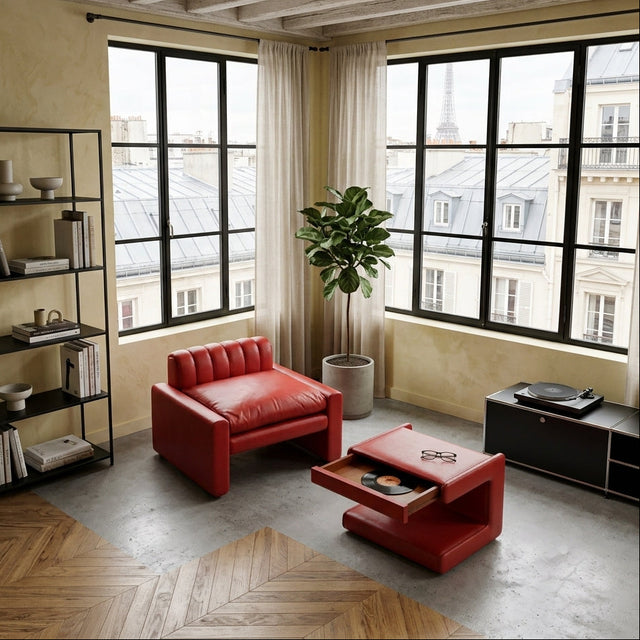 1970s Luigi Massoni for Poltrona Frau red leather lounge chair with storage ottoman.  Fauteuil de chambre en cuir rouge années 70