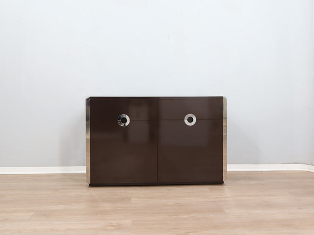 Mario Sabot small sideboard 1970s. Credenza marrone e acciaio. Petit buffet vintage laqué. Vintage Anrichte Design. Aparador diseño italiano Sabo