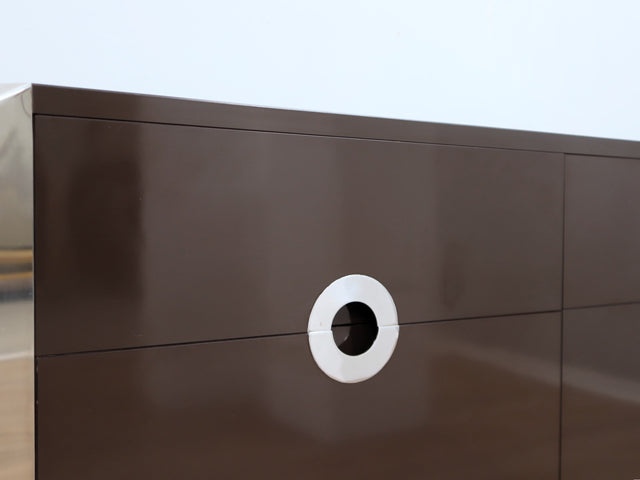 Mario Sabot small sideboard 1970s. Credenza marrone e acciaio. Petit buffet vintage laqué. Vintage Anrichte Design. Aparador diseño italiano Sabo