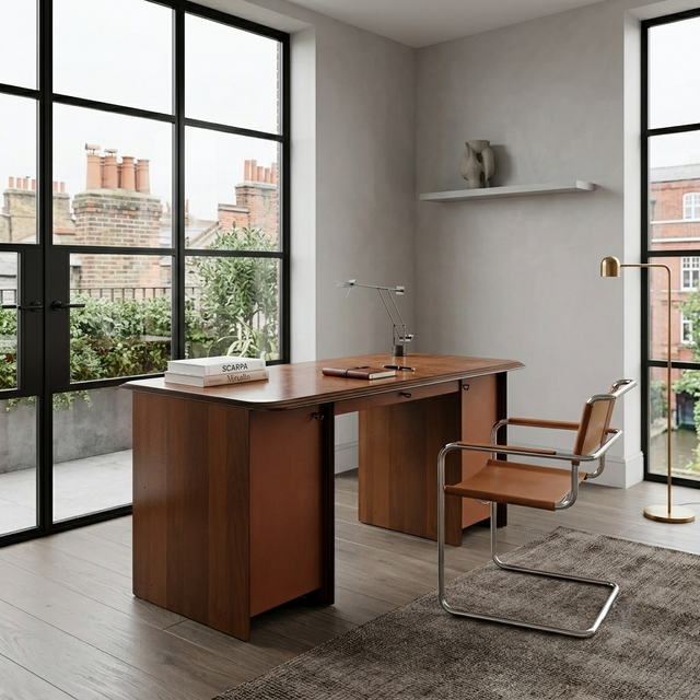 Maxalto Artona desk by Scarpa in walnut burl & cognac leather. Scrivania vintage design italiano. Bureau en loupe de noyer. Luxus Schreibtisch.