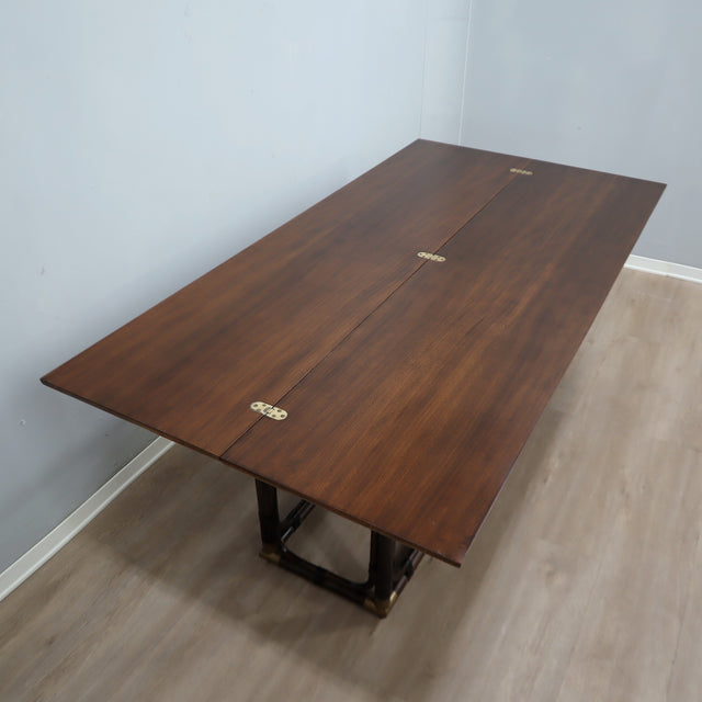 1970s McGuire convertible rattan & oak console dining table with brass. Table console convertible McGuire 70s. McGuire Rattan Klapptisch 1970er.