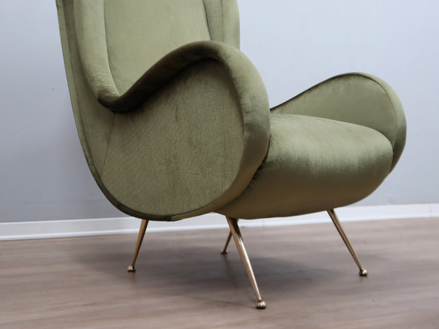1950s Italian armchair Senior Zanuso style green velvet