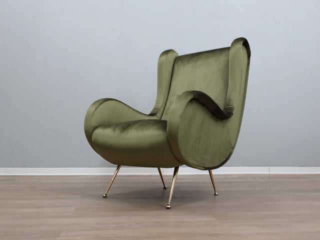 1950s Italian armchair Senior Zanuso style green velvet
