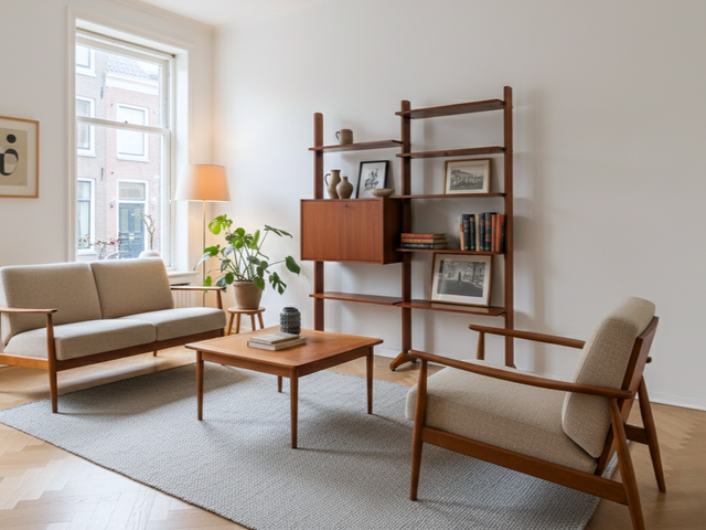 1950s teak modular wall unit with drop-front bar