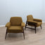 Pair of 1950s Italian armchairs in the style of Gianfranco Frattini, olive green bouclé fabric, restored wood. Coppia poltrone vintage bouclé verde.