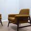 Pair of 1950s Italian armchairs in the style of Gianfranco Frattini, olive green bouclé fabric, restored wood. Coppia poltrone vintage bouclé verde.