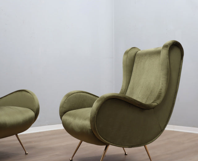 Pair of 1950s Senior Zanuso style Green Velvet Armchairs Poltrone anni 50 Grüne Zanuso Sessel Fauteuils Italian Mid-Century