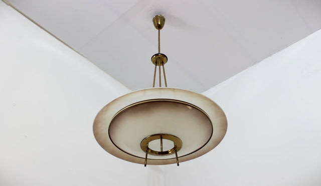 Mid century brass glass pendant chandelier 1950s