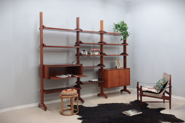 Mid century teak modular bookcase with folding desk 1950s