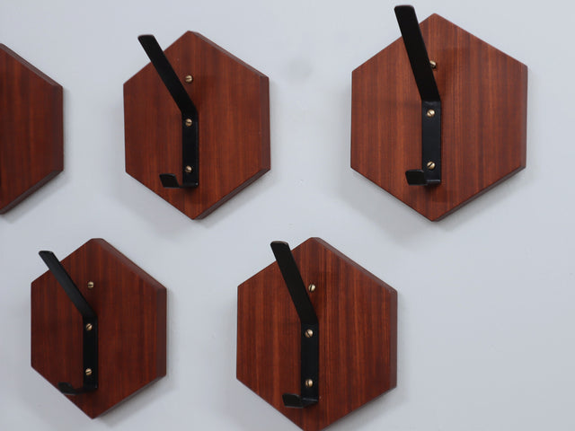 Set of 7 vintage teak wall hooks 1950s modular hexagonal design