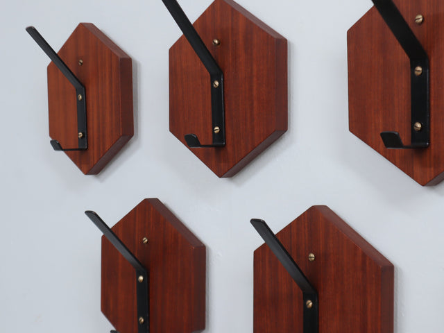 Set of 7 vintage teak wall hooks 1950s modular hexagonal design