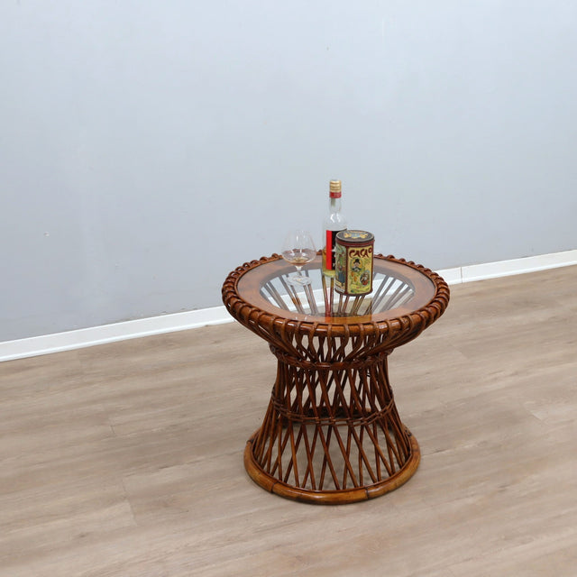 1950s Italian Franco Albini for Vittorio Bonacina woven rattan and bamboo round glass coffee table basse ronde en rotin et bambou