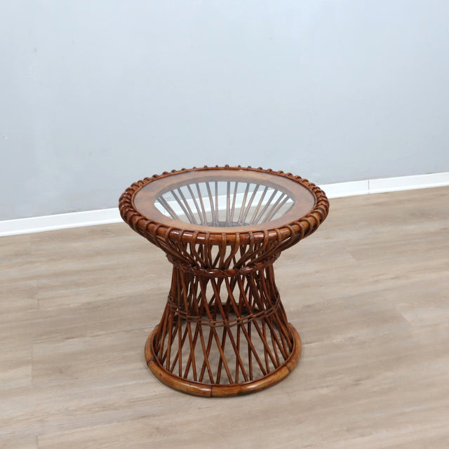 1950s Italian Franco Albini for Vittorio Bonacina woven rattan and bamboo round glass coffee table basse ronde en rotin et bambou