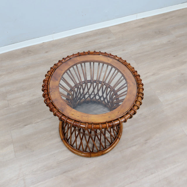 1950s Italian Franco Albini for Vittorio Bonacina woven rattan and bamboo round glass coffee table basse ronde en rotin et bambou
