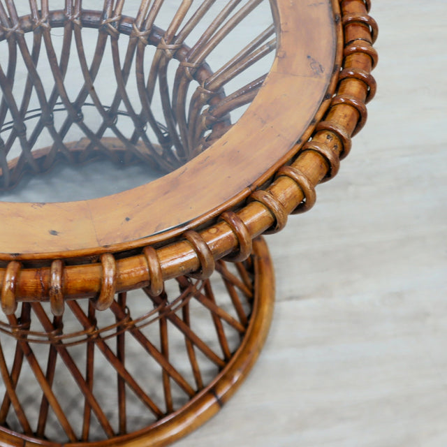 1950s Italian Franco Albini for Vittorio Bonacina woven rattan and bamboo round glass coffee table basse ronde en rotin et bambou