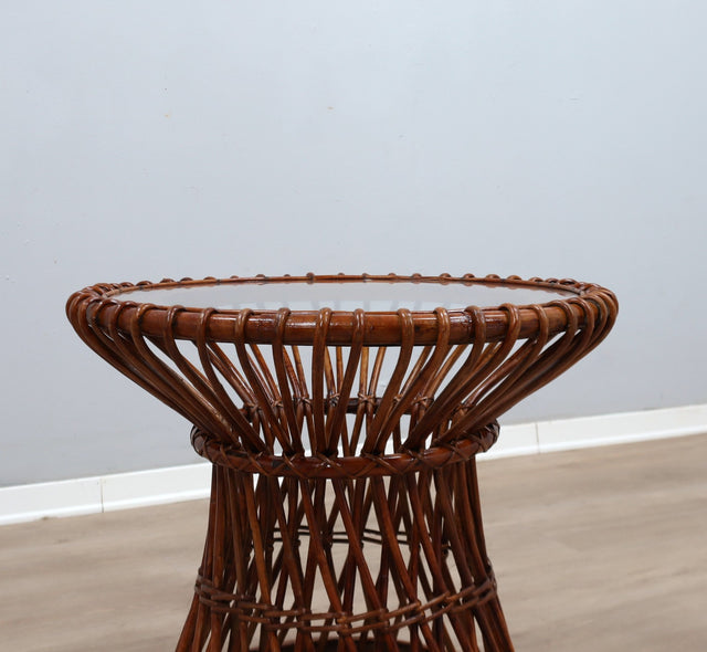 1950s Italian Franco Albini for Vittorio Bonacina woven rattan and bamboo round glass coffee table basse ronde en rotin et bambou