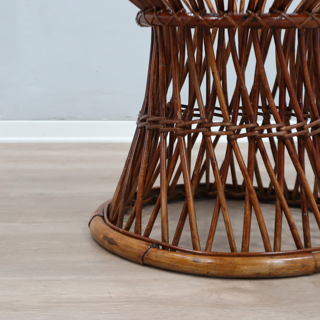1950s Italian Franco Albini for Vittorio Bonacina woven rattan and bamboo round glass coffee table basse ronde en rotin et bambou