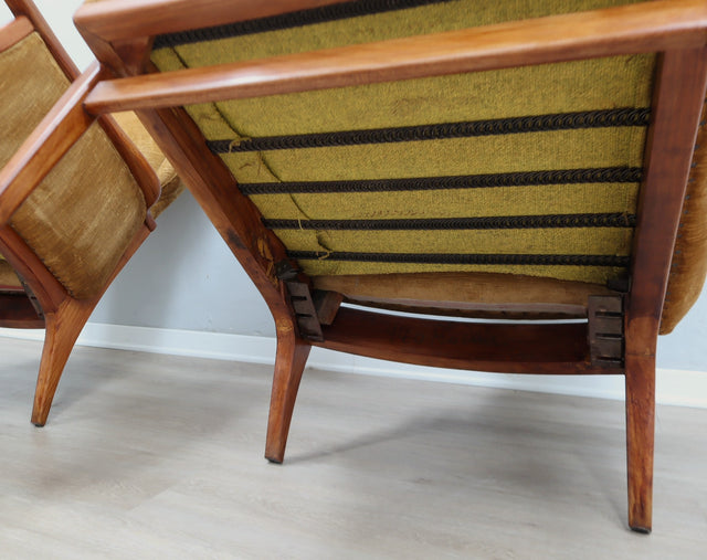 Camea 50s reclining armchairs mustard velvet. Poltrone vintage legno massello. Fauteuils rétro moutarde. 50er Samt Sessel. Sillones mid-century retro