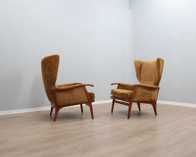 Camea 50s reclining armchairs mustard velvet. Poltrone vintage legno massello. Fauteuils rétro moutarde. 50er Samt Sessel. Sillones mid-century retro