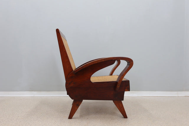 Mid century teak wood and Vienna straw armchair 1950s