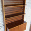 Asymmetric 1950s Italian teak wall unit with slatted back and plywood shelves. Teak Regal, estantería teca, bibliothèque teck, libreria dogat