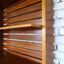 Asymmetric 1950s Italian teak wall unit with slatted back and plywood shelves. Teak Regal, estantería teca, bibliothèque teck, libreria dogat
