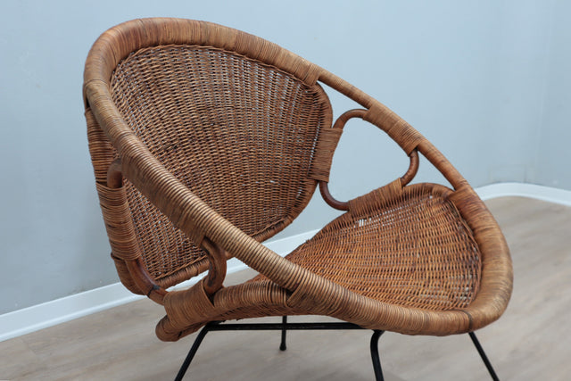 Mid century Italian design rattan and wicker scoop chair 1950s