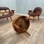 1970s Italian rustic bentwood and aged leather living room set with sofa, barrel armchairs, coffee table. Salotto vintage legno e pelle.