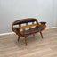 1970s Italian rustic bentwood and aged leather living room set with sofa, barrel armchairs, coffee table. Salotto vintage legno e pelle.