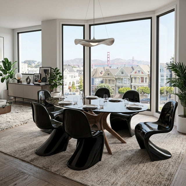 Set 6 black 1960s Panton Chairs Herman Miller. Ens 6 chaises Panton noires 1960. 6er Set schwarze Panton Stühle Herman Miller 1960er.